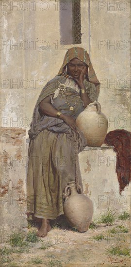 Arab woman at the fountain, 1884, oil on canvas, 41 x 20.5 cm, signed and dated lower right: EALovatti [ligated] 1884, E. Augusto Lovatti, Rom 1816– ? ?