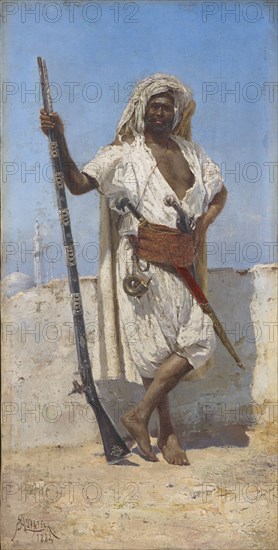 Arab in Field Equipment, 1884, oil on canvas, 41 x 21 cm, signed and dated lower left: EALOVATTI [ligated], 1884, E. Augusto Lovatti, Rom 1816– ? ?