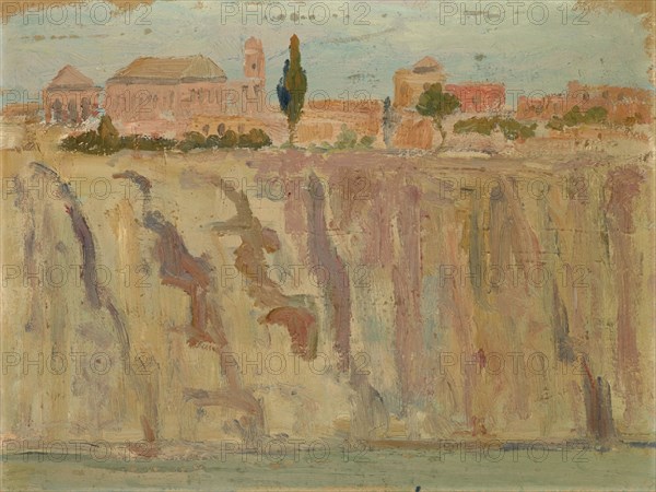 Toledo above the rocky Tagus, oil on cardboard, 31.5 x 42 cm, Ernst Schiess, Basel 1872–1919 Valencia