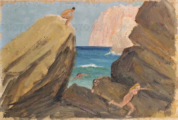 Persecution on rocky coast, oil on cardboard, 29 x 42 cm, Ernst Schiess, Basel 1872–1919 Valencia