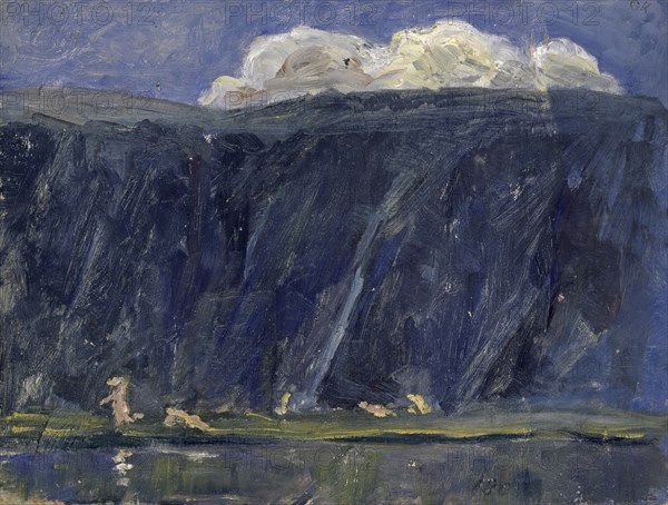 Mountain lake with naked figures, oil on cardboard, 26 x 34.5 cm, Ernst Schiess, Basel 1872–1919 Valencia