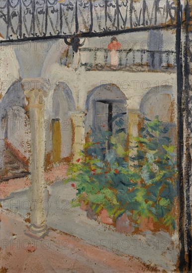Arcade courtyard of a spanish house, oil on board, 36 x 25.5 cm, Ernst Schiess, Basel 1872–1919 Valencia