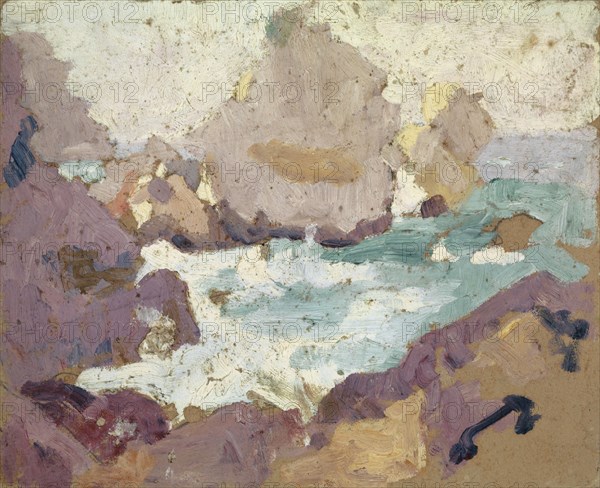 Sea surf and rocky coast, oil on board, 22 x 27 cm, unmarked, Französischer Maler, 19./20. Jh.