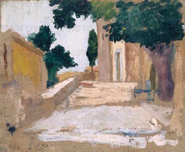 Southern Village Square, oil on board, 22 x 27 cm, not marked, Französischer Maler, 19./20. Jh.