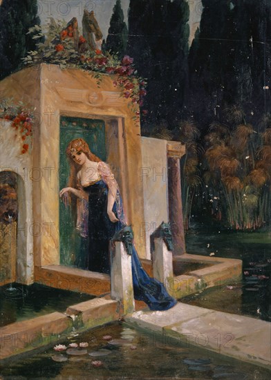 Viviane at the Merlins Grave, May 1904, oil on board, 45.5 x 32.5 cm, inscribed on the reverse with black paint: Viviane at the grave Merlin's (Ariost.), Bozzetto., My friend Ernst Schiess, to the memory, Heinrich Schmidt., Pittore, ., Syracuse in May 1904., Heinrich Schmidt