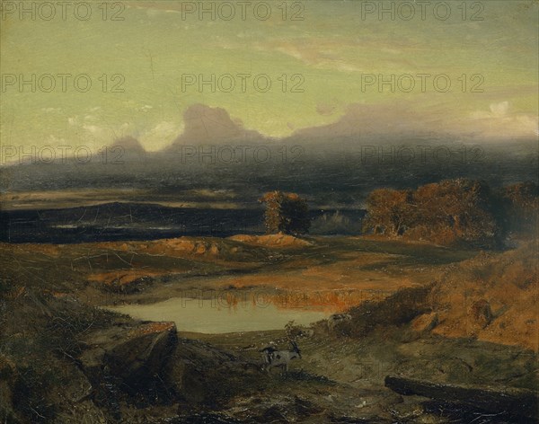 Landscape at sunset, 1849, oil on canvas, 21.4 x 27.1 cm, Inscribed on the reverse: 13 febr 1850. (by hand?), Arnold Böcklin, Basel 1827–1901 San Domenico