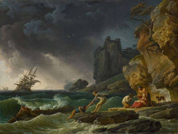 Stormy Sea with castaways, 1780, oil on canvas, 49.5 x 65 cm, signed and dated on the cliff below the savior in the middle: J. Vernet, f., 1780, Claude-Joseph Vernet, Avignon 1714–1789 Paris