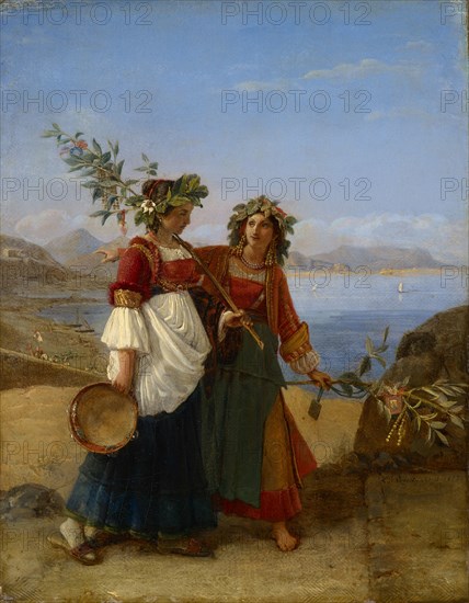 This palmarum, deux jeunes filles napolitaines revenant de la fête, 1823, oil on canvas, 48 x 37.3 cm, signed and dated lower right: Lld., [ld superscript] Robert., Rome, ., 1823, Léopold Robert, Les Eplatures/La Chaux-de-Fonds 1794–1835 Venedig