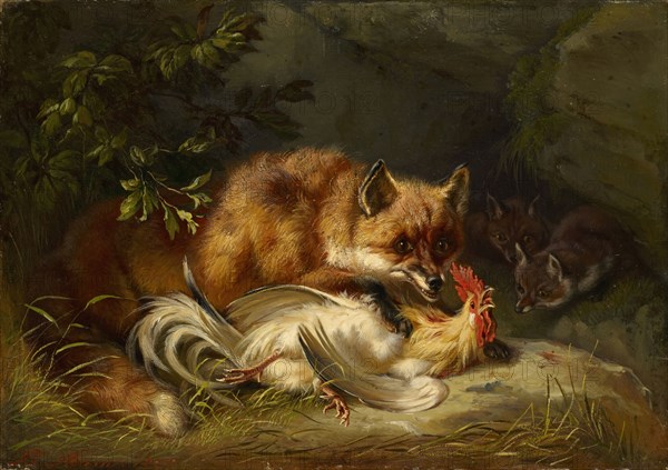 Fox capturing a rooster, 1855, oil on canvas, 24 x 34.1 cm, Signed and dated lower left: B. Adam., 1855th, Benno Raffael Adam, München 1812–1892 Kelheim