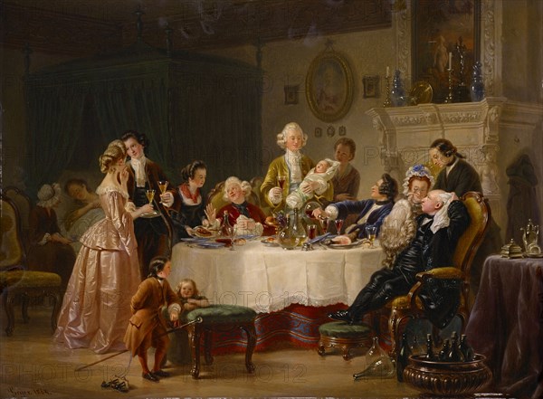 The baptism festival, 1864, oil on panel, 34 x 45 cm, signed and dated lower left: Geÿer., 1864th, Johann Geyer, Augsburg 1807–1875 Augsburg