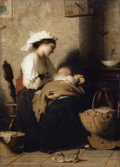 Italian mother with sleeping infant, 1859, oil on walnut, 34.5 x 24.5 cm, signed and dated lower right (on the cradle): A. van Muyden., 1859, Jacques Alfred van Muyden, Lausanne 1818–1898 Champel/Genf