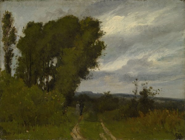 Landscape with trees and strolling couple, c. 1880, oil on walnut, 26.5 x 35 cm, monogrammed lower left: T (with double vertical line), Deutscher Meister, 19. Jh., (?)
