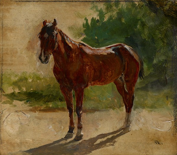Étude cheval bai, c. 1860, oil on lime wood, 11 x 13 cm, monogrammed lower right: EM [ligated], Jean Louis Ernest Meissonier, Lyon 1815–1891 Paris