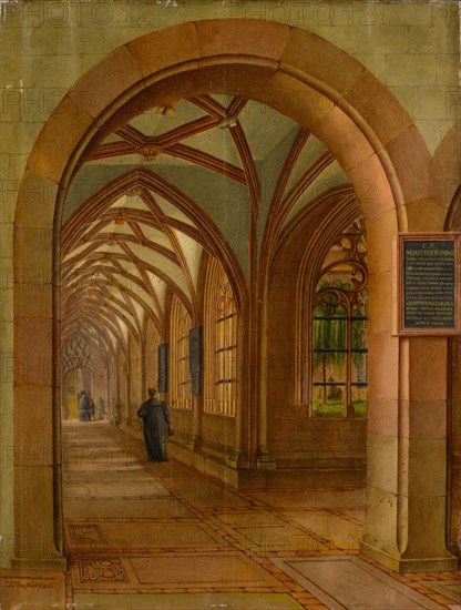 View into the Cloister of the Minster at Basel, 1865, oil on panel, 45 x 32 cm, signed and dated lower left: J.J. Neustück f.1865., Johann Jakob Neustück, Basel 1800–1867 Basel