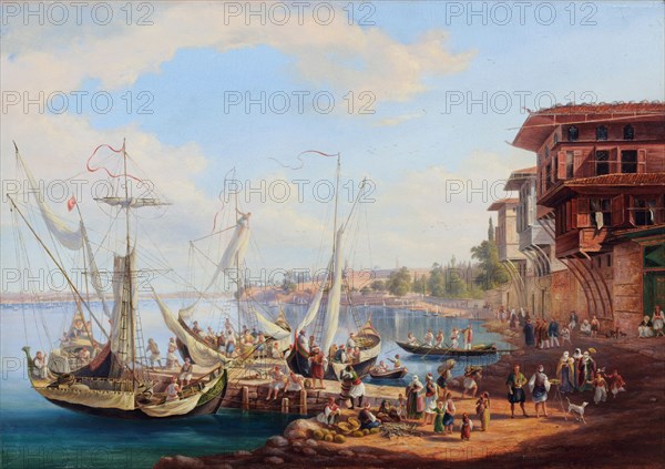 View of the Bosphorus, oil on board, 29.1 x 40.6 cm, signed lower right: J J Falkeisen fec.t [superscript], Johann Jakob Falkeisen, Basel 1804–1883 Basel
