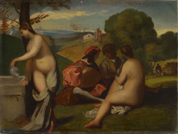 The Rural Concert, 1838-1843, oil on canvas, on cardboard, 27.5 x 38.5 cm, inscribed on the reverse: Copie faite par Barthélemy Menn, en Italie, et donnée à mon père Jules Hébert, Juliette Hébert, Barthélemy Menn, Genf 1815–1893 Genf, Tizian (Vecellio, Tiziano), (Kopie nach / copy after), Pieve di Cadore um 1485/90 (?) –1576 Venedig