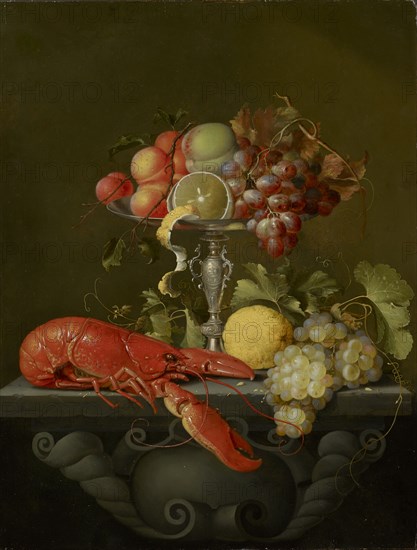 Still Life with Fruit Bowl and Lobster, Oil on Oak, 64.5 x 49.5 cm, Not Specified, Jan Davidsz. de Heem, (Nachahmer / imitator), Utrecht 1606–1683/1684 Antwerpen