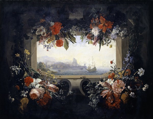 Flower still life: cartouche with garland, therein the Vedute of a port city, before 1713, oil on canvas, 76 x 86 cm, Signed at the garland at the bottom of the picture: J: Rudolphus Bys., Illustrissimi Domini Comitis felix Wrssowetz Thesauri, Johann Rudolf Bys, Chur 1662–1738 Würzburg