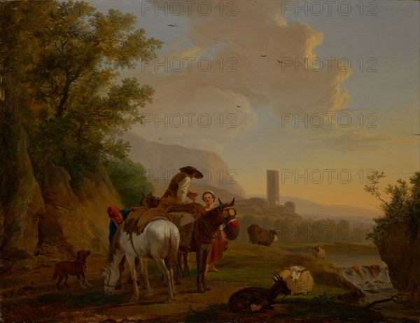 Southern landscape with shepherds, oil on panel, 47 x 59 cm, unmarked, Balthasar Paul Ommeganck, Antwerpen 1755–1828 Antwerpen