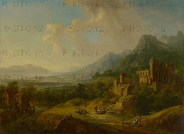 River valley with church ruins and staffage, oil on copper, 32 x 43.5 cm, signed in red on the right side of the rock: SCHÜZ fec., Christian Georg Schütz d. Ä., Flörsheim a. M. 1718–1791 Frankfurt a. M.