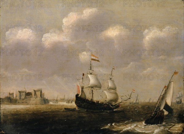 Sailboats in front of a harbor, circa 1620/30, oil on panel, 47 x 64 cm, Signed lower right on the floating plank: C C WOV, Claes Claesz. Wou, um 1592–1665 Amsterdam