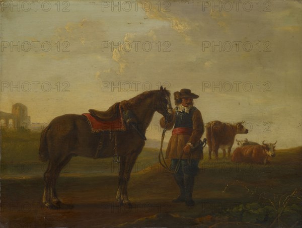 Officer with horse, oil on oak wood, 36 x 48 cm, signed and dated lower left: A. Cuyp fec 16 [40?], Aelbert Cuyp, Dordrecht 1620–1691 Dordrecht