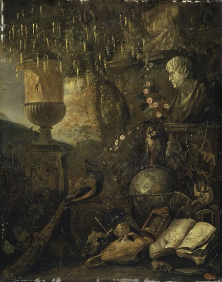 Philosophical Vanitas still life, oil on oak wood, 52 x 41 cm, Signed at the top of the recto page of the book: M. Withoos, Matthias Withoos, Amersfoort 1627–1703 Hoorn
