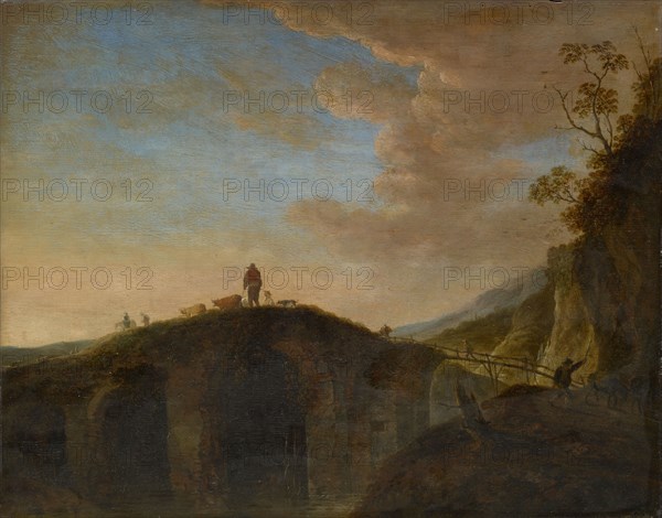 Old stone bridge, oil on oak wood, 42 x 53 cm, Signed in the lower left corner: P De bre ... [rest no longer legible], Peeter van Bredael, Antwerpen 1629–1719 Antwerpen