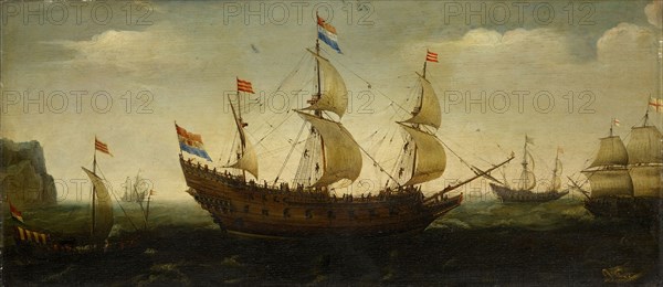 Dutch three-master and other ships off the coast, oil on panel, 42.5 x 95 cm, signed in the white stripe of the Dutch flag in the middle: VROOM 74 [last digit?], Hendrik Cornelisz. Vroom, Haarlem 1563–1640 Haarlem