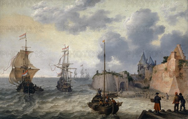 Dutch port with sailing ships, oil on oak, 54.5 x 85.5 cm, monogrammed lower right on wooden platform: A.W., f, ., Adam Willaerts, Antwerpen 1577–1664 Utrecht