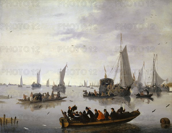 Festive reception of a state yacht, oil on oak, 53.5 x 68.5 cm, Not marked, Hendrick de Meyer, (zugeschrieben / attributed to), tätig von 1641–1683 in Rotterdam