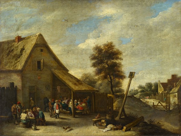 Peasants in front of a village inn, on copper, 49 x 64.5 cm, signed lower left on the bar: D TENIERS (wrong?), David Teniers d. J., (Kopie (?) / copy (?)), Antwerpen 1610–1690 Brüssel