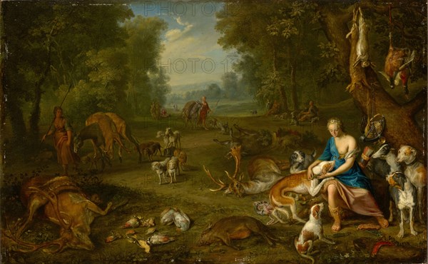 Landscape with Diana and her prey, oil on oak wood, 46.5 x 74 cm, unmarked, Hendrik van Balen d. Ä., (zugeschrieben / attributed to), Antwerpen 1575–1632 Antwerpen