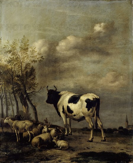 Pasture with black and white bull, 1663, oil on oak, 42.5 x 34.5 cm |, 42.5 x 34.5 x 0.8 cm, signed and dated lower left: A. Klomp 1663, Albert Jansz. Klomp, Amsterdam um 1618–1688 Amsterdam