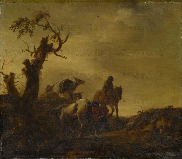 Horses and Donkeys in the Hollow Road, Oil on Oakwood, 28 x 32 cm, Unsigned, Philips Wouwerman, (Kopie nach / copy after), Haarlem 1619–1668 Haarlem