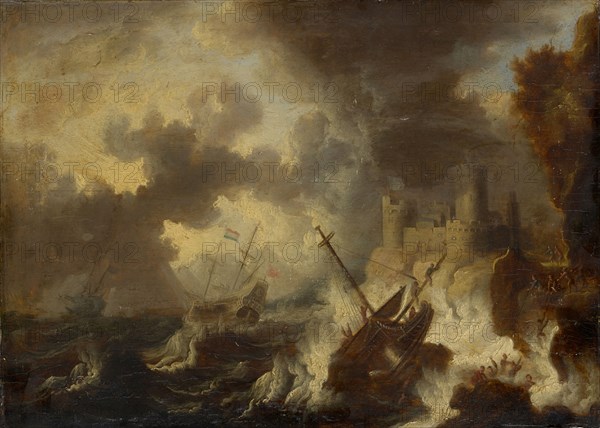Sea storm with shipwreck in front of a coastal fortress, oil on oak wood, 26.5 x 36.5 cm, unsigned, Peter van de Velde, Antwerpen 1634 – nach 1723 Antwerpen