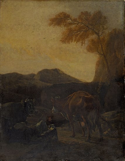 Livestock with lying shepherd and dog, 2nd half of the 17th century?, Oil on copper, 31.5 x 26.5 cm, unsigned, Adam Pynacker, (Art / style of), Schiedam b. Rotterdam 1620 (?) – 1673 Amsterdam