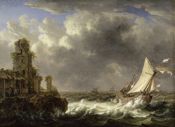 Seashore with moving sea, oil on panel, 38.6 x 52.7 cm |, 38.6 x 52.7 x 1 cm, monogrammed lower left: J.C.H., pxt, ., Johann Kaspar Huber, Glattfelden/Zürich 1752–1827 Zürich