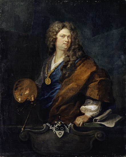 Self-portrait with the Family Crest, 1710, oil on canvas, 42.5 x 33.5 cm, signed and dated on the reverse: JRHuber [inscribed in J H] 1710 pt [superscripted], Johann Rudolf Huber d. Ä., Basel 1668–1748 Basel