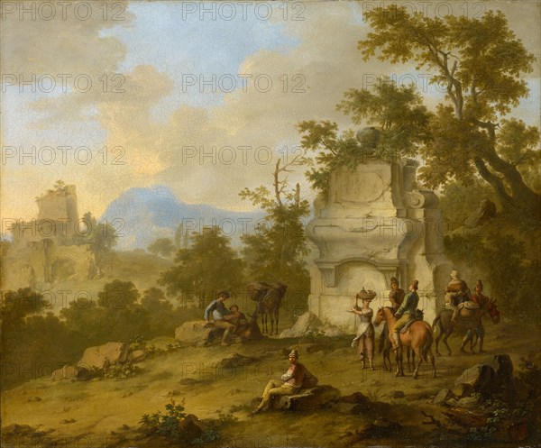 Landscape with tomb and horsemen, oil on copper, 29.6 x 35.9 cm, signed lower right: F, Franz de Paula Ferg, Wien 1689–1740 London