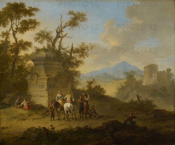 Landscape with tomb and horsemen, oil on copper, 30.1 x 35.9 cm, signed lower left: F, Franz de Paula Ferg, Wien 1689–1740 London