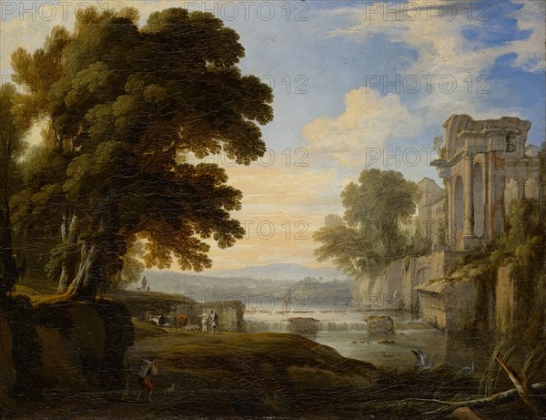 Riverside with ancient ruins, oil on canvas, 68 x 88.5 cm, not specified, Pierre Patel d. Ä., Chauny 1605–1676 Paris