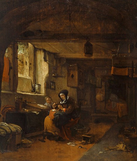 Interior, oil on oak, 46.2 x 39.8 cm, Not marked, Thomas Wijck, Beverwijck bei Haarlem 1616 (?) – 1677 Haarlem