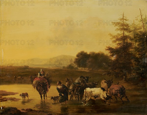 A herd of cattle passes through a river, after 1656, oil on panel, 37.6 x 47.9 cm, unsigned, Nicolaes (Claes Pietersz.) Berchem, (Kopie nach / copy after), Haarlem 1620–1683 Amsterdam