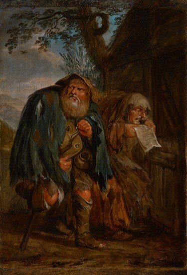 A pair of beggars, oil on oak wood, 45 x 31.5 cm, monogrammed lower right along the lower edge of the stable door: A v Ve, Adriaen Pietersz. van de Venne, Delft 1589–1662 Den Haag
