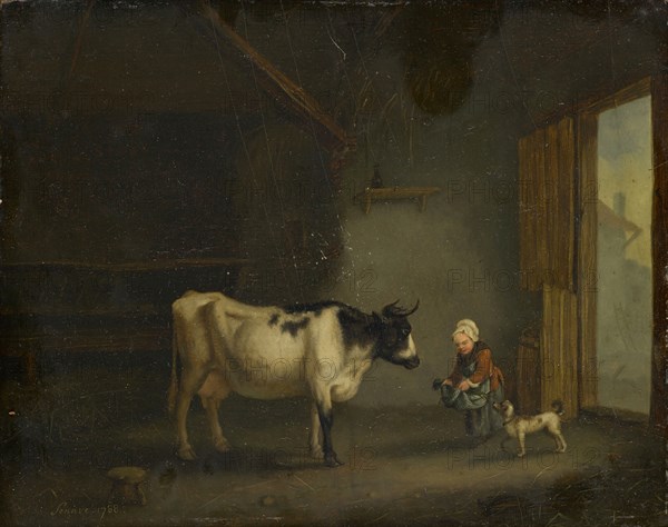 Girl with cow in a stable, 1788, oil on panel, 19 x 24 cm, signed and dated lower left: Senave 1788, Jacques Albert Senave, Loo 1758–1823 oder 1829 Paris