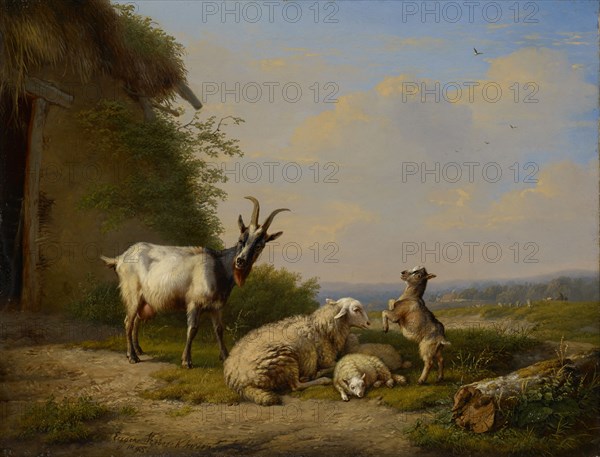 Goats and sheep, 1845, oil on panel, 21.5 x 27.5 cm, signed and dated lower left: Eugène Verboeckhoven, 1845., Eugène Joseph Verboeckhoven, Warneton bei Ypres 1798–1881 Brüssel