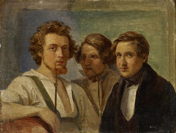 Selfportrait with friends (Marinemaler Weiss and Joseph Fay), c. 1834, oil on canvas on lime wood, 11.8 x 15.5 cm, signed and inscribed on the reverse: C. Engel fec, Düsseldorf (by the artist?), Carl Engel (gen. Engel von der Rabenau), Londorf/Oberhessen 1817–1870 Rödelheim b. Frankfurt a. M.