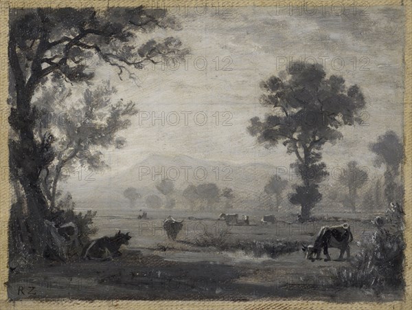 Landscape with grazing cows, oil on cardboard (Grisaille), 10.5 x 14 cm, monogrammed lower left: R Z, Robert Zünd, Luzern 1827–1909 Luzern