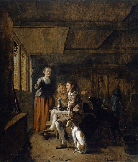 Hunter in the Tavern, c. 1650, oil on oak, 72 x 61.5 cm, unsigned, Ludolph de Jongh, Overschie 1616–1679 Hillegersberg b. Rotterdam